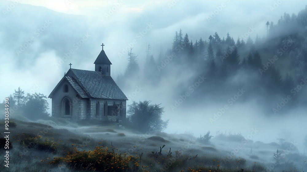 Fototapeta premium A small chapel or church on a hill, surrounded by mist. Misty Morning in the Hills