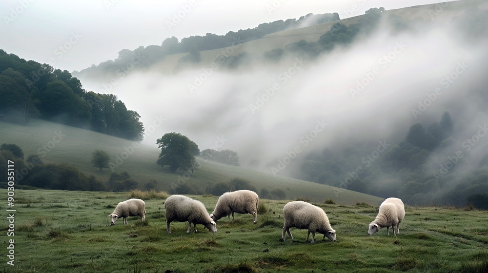 Fototapeta premium Sheep grazing on a mist-covered hillside. Misty Morning in the Hills