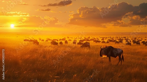 African Sunset Landscape with Wildebeest Herd © airy