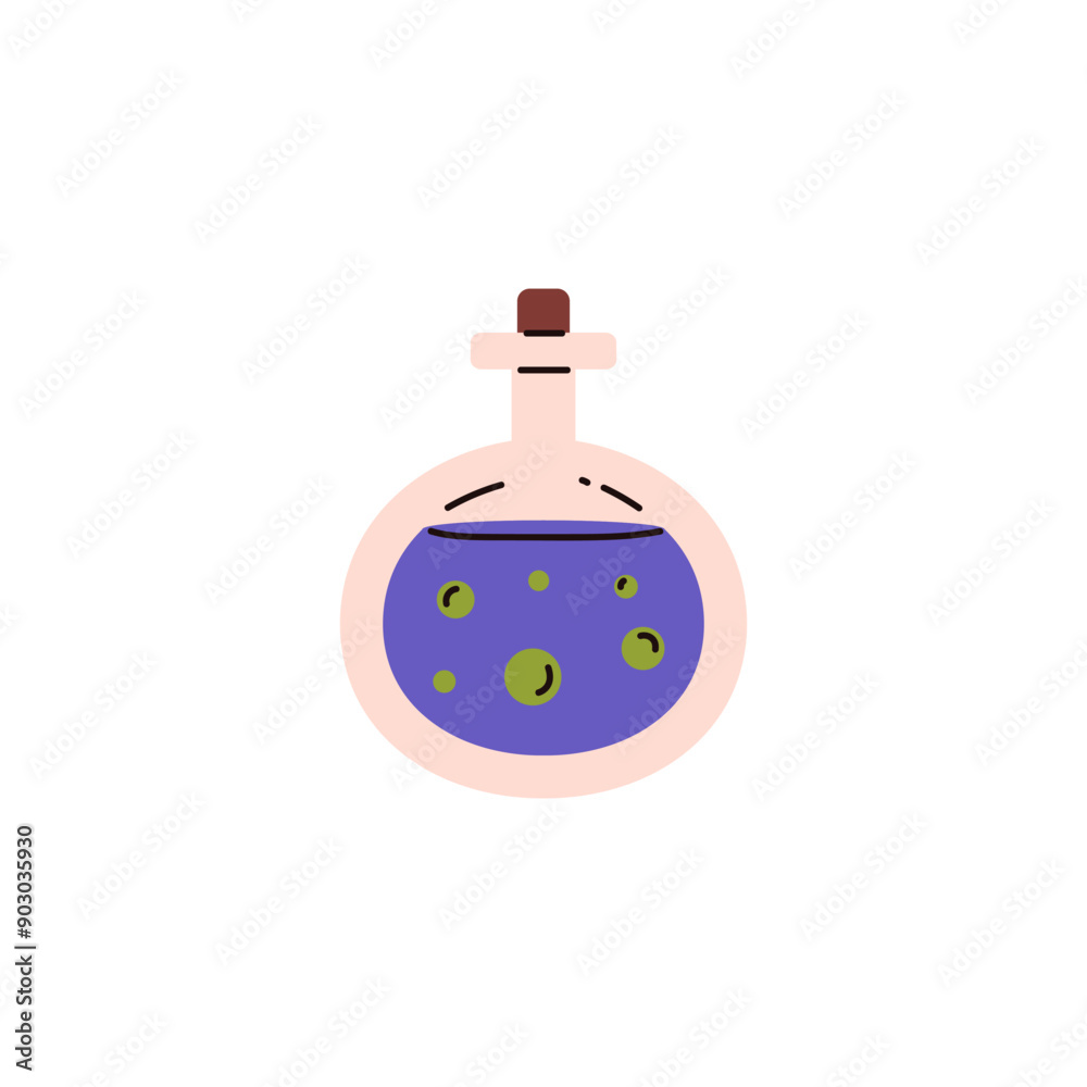 Round bottle with cork and blue liquid in cartoon flat style. Round bottle with cork and blue liquid in cartoon flat style.