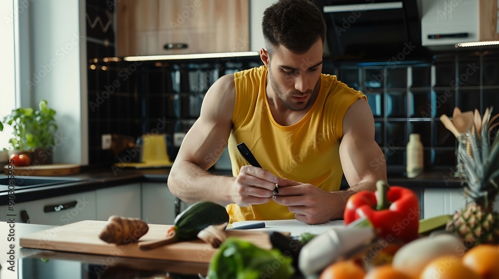 Cropped image of handsome young sportsman making notes while preparing sport nutrition in kitchen at home : Generative AI Cropped image of handsome young sportsman making notes while preparing sport nutrition in kitchen at home : Generative AI