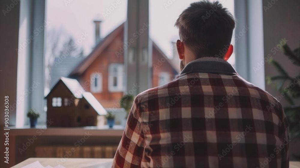 A person in a checkered shirt gazes out the window, contemplating a cozy house in the distance, evoking feelings of warmth and home.