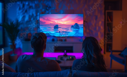 A man and woman are watching a movie on a large television. The room is dimly lit, and the couple is sitting on a couch. Scene is relaxed and intimate