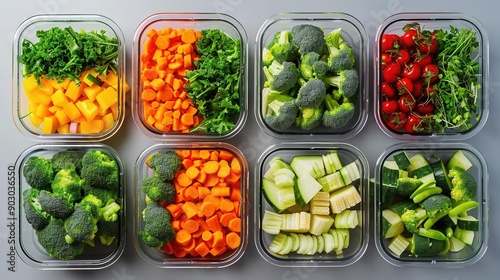 Assortment of fresh, chopped vegetables in clear containers, ready for meal prep. Perfect for healthy eating and nutrition.