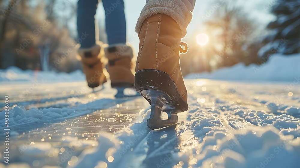 A close-up of a family ice skating, focus on a child gliding on the ice, parents in the background holding hands, winter clothes and skates, bright sunlight, energetic and happy ambiance, A close-up of a family ice skating, focus on a child gliding on the ice, parents in the background holding hands, winter clothes and skates, bright sunlight, energetic and happy ambiance,