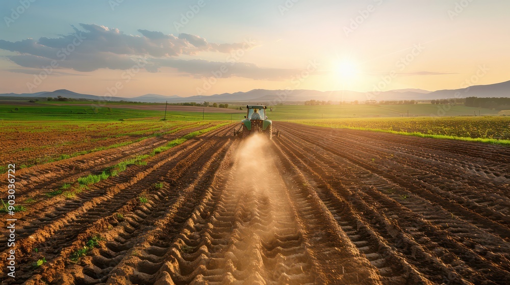 A tractor is driving through a field of dirt. The sun is setting in the background, casting a warm glow over the scene. The tractor is spraying the field with fertilizer, preparing it for planting
