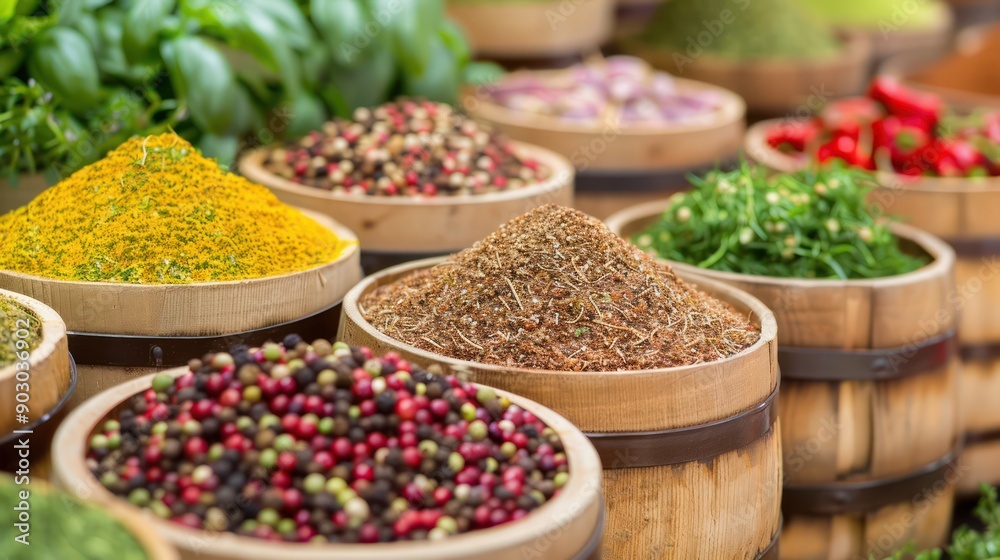 A variety of spices are displayed in wooden bowls. The spices include black pepper, red pepper, and yellow pepper A variety of spices are displayed in wooden bowls. The spices include black pepper, red pepper, and yellow pepper
