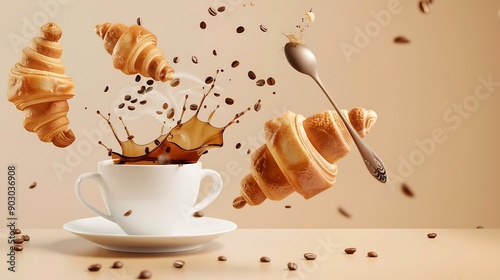 White coffee cup plate and metal tea spoon falling on beige table background and coffee splashes because of hit coffee beans levitate fly and fall to cup crispy fresh croissant Breakfa : Generative AI photo