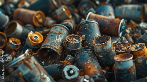 Pile of old, rusted batteries leaking acid, Electronic waste, Toxic materials