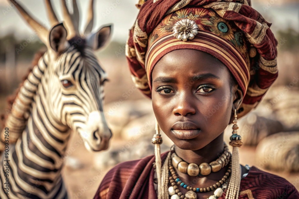 A beautiful black African girl in a traditional African national costume. Against the background of a zebra. The portrait symbolizes the traditions and beauty of the African people. A beautiful black African girl in a traditional African national costume. Against the background of a zebra. The portrait symbolizes the traditions and beauty of the African people.