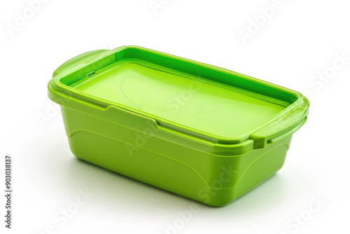 A green plastic lunch box isolated on a white background.