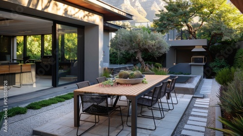 Patio Dining Set. Modern Table Setting in Backyard Patio with Cape Town Architecture