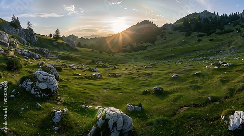 Panorama of green meadow with rocks and rocky mountains in romanian mountains in muntii ciucas with setting sun : Generative AI photo