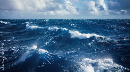 A dramatic, high-resolution image of a deep blue ocean with white-capped waves, adding a sense of power and movement to your design