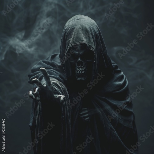 Grim Reaper in Dark Cloak with Outstretched Hand, Spooky Halloween Figure in Misty Background, Eerie and Sinister Atmosphere, Mysterious Hooded Skeleton, Creepy and Chilling Horror Scene