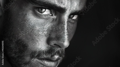 The Intensity of Gaze: A captivating black and white portrait of a man's face, his piercing gaze conveying a depth of emotion and strength. 