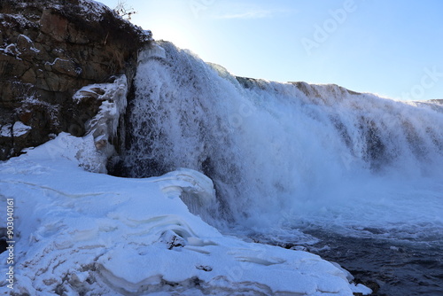 Closeup of faxifoss waterfall in Iceland in winter photo