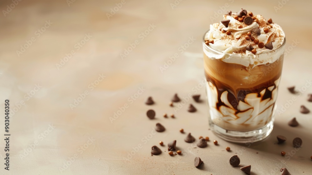 A glass of coffee adorned with whipped cream and chocolate chips, creating a delightful dessert drink. A glass of coffee adorned with whipped cream and chocolate chips, creating a delightful dessert drink.