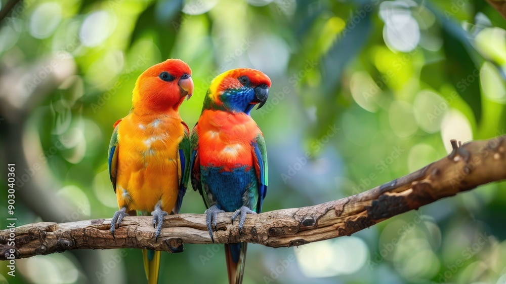 Obraz premium Vibrant, colorful birds perched on a branch, set against a lush green background.