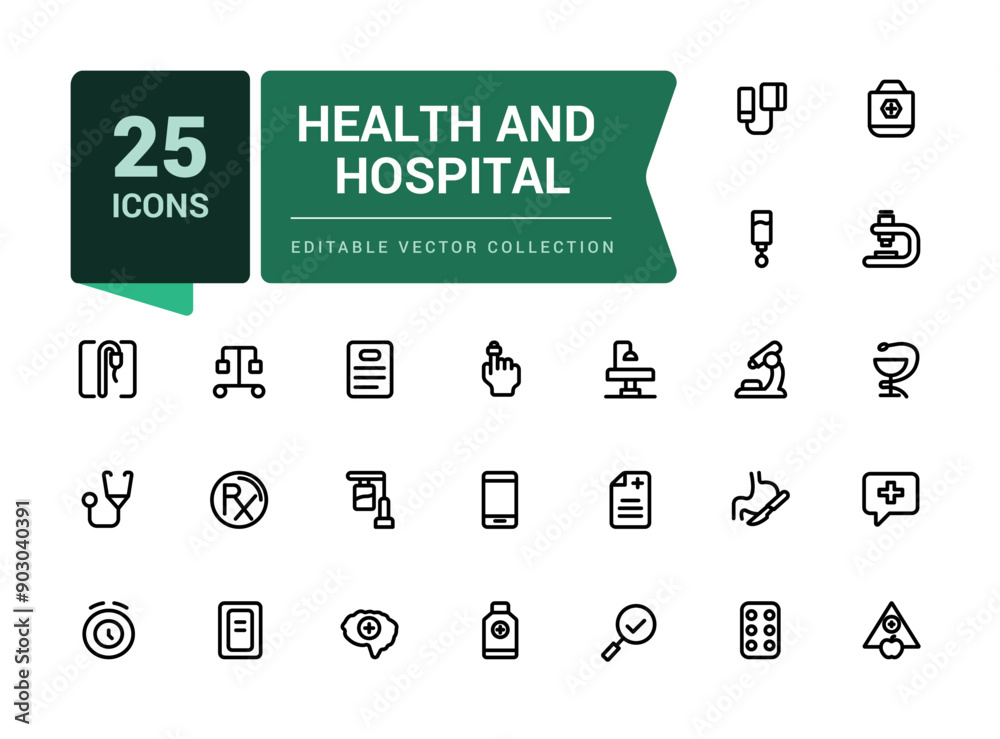 Health and Hospital outline icons set. Related to Hospital, patient, medicine, pharmacy, prescription and medical report. Editable Vector illustration. Health and Hospital outline icons set. Related to Hospital, patient, medicine, pharmacy, prescription and medical report. Editable Vector illustration.