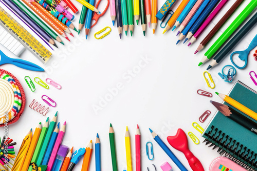 A clean white background with colorful school supplies around the edges.