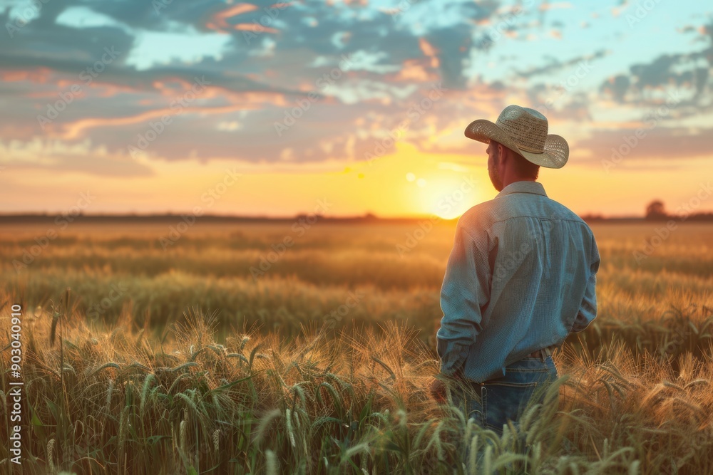Cowboy Alone. Young Farmer Standing Alone in Wheat Field under Summer Sunset Sky Cowboy Alone. Young Farmer Standing Alone in Wheat Field under Summer Sunset Sky