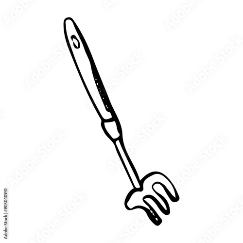 Garden tool rake hand drawn in doodle style. Hobby gardening. Mini pitchforks. Vector line art illustration.