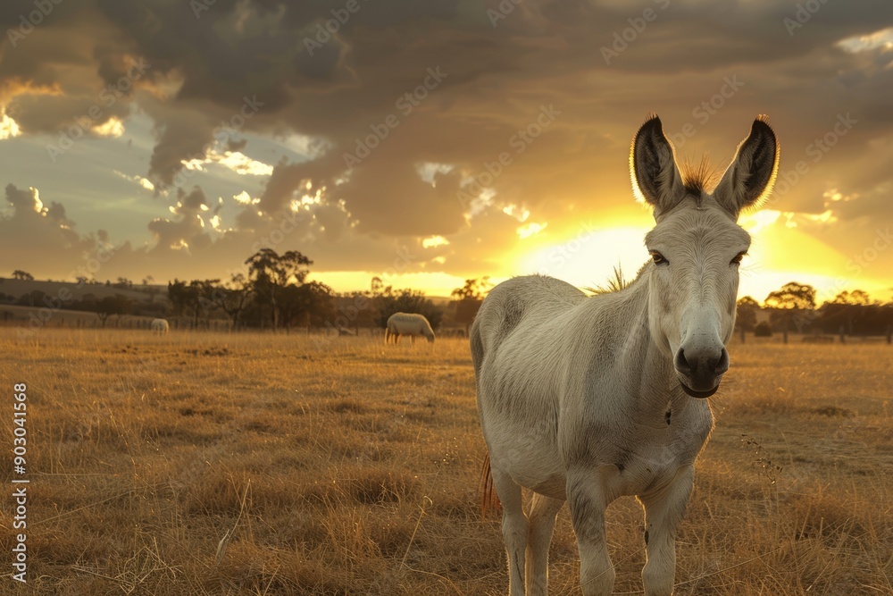 Donkey Of The Day. White Donkey and Sheep in Dry Australian Field at Sunset Donkey Of The Day. White Donkey and Sheep in Dry Australian Field at Sunset