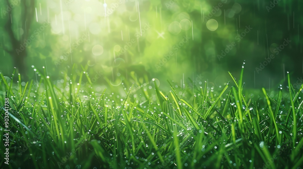 A lush green grass background with dewy droplets and rich textures, creating a natural and refreshing atmosphere A lush green grass background with dewy droplets and rich textures, creating a natural and refreshing atmosphere