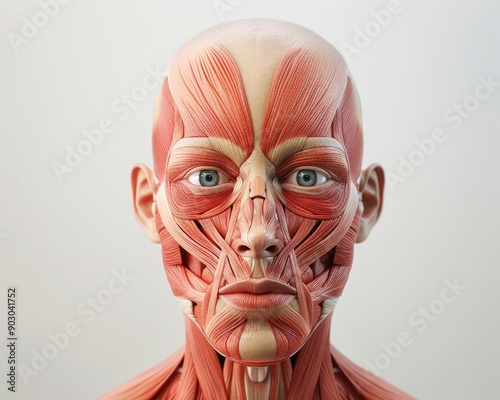 Facial Anatomy: Front View of Muscular System in Human Head photo