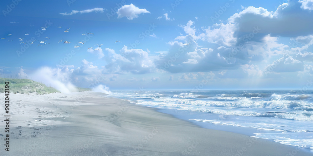 North Carolina's Outer Banks: An expanse of powdery sand stretches towards the horizon, framed by the vast Atlantic Ocean and a brilliant blue sky.
