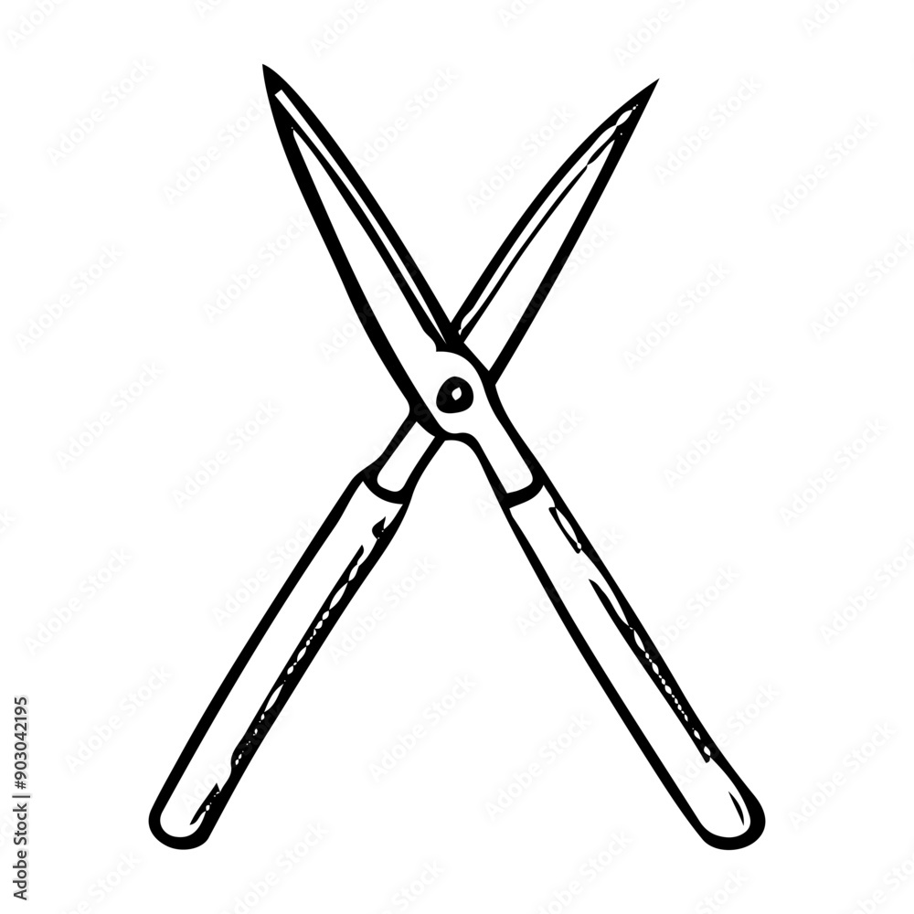 Garden scissors for trimming trees hand drawn in doodle style. Hobby gardening. Branch pruning tool. Topiary art. Vector line art illustration. Garden scissors for trimming trees hand drawn in doodle style. Hobby gardening. Branch pruning tool. Topiary art. Vector line art illustration.