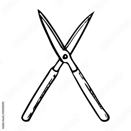 Garden scissors for trimming trees hand drawn in doodle style. Hobby gardening. Branch pruning tool. Topiary art. Vector line art illustration.
