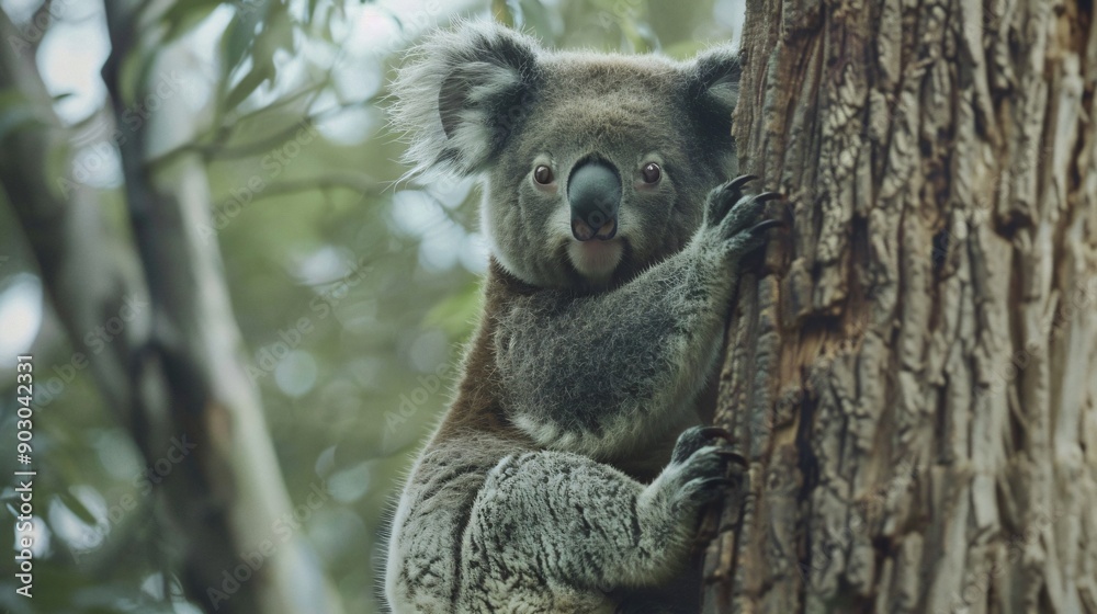 Fototapeta premium A dynamic shot of a koala climbing up a tree trunk, showcasing its strong claws and agility