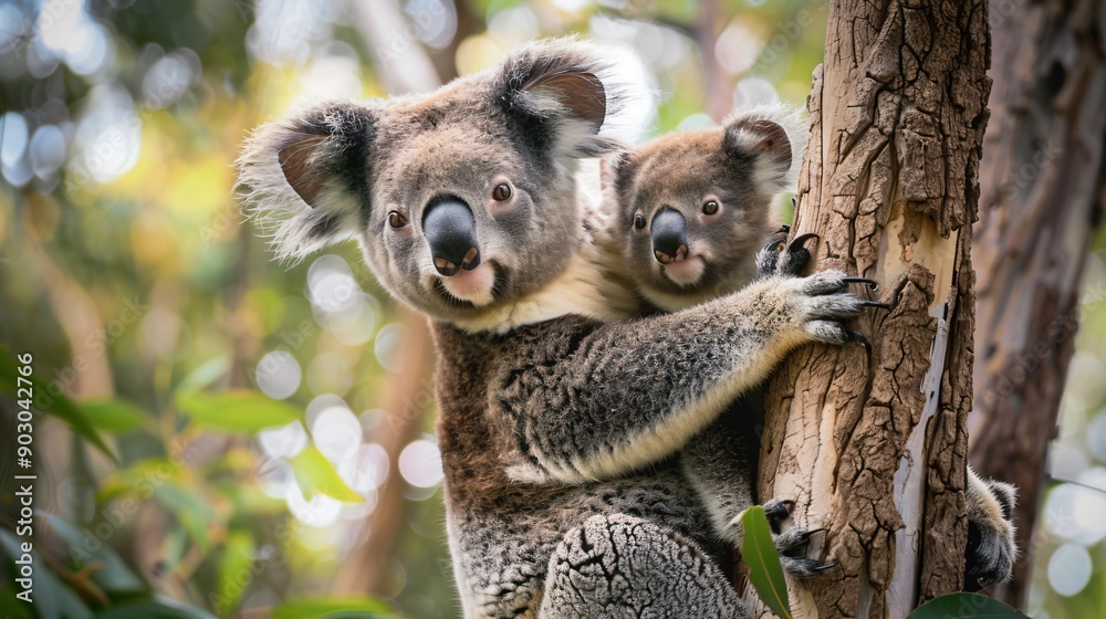 Fototapeta premium A mother koala with a baby on her back, perched high in a tree with a scenic forest backdrop