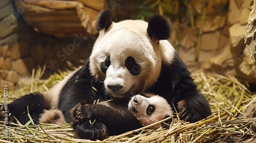 A mother panda gently cradling her baby, both nestled in a cozy den made of bamboo photo