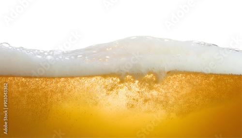 Close-up of golden beer froth with bubbles, isolated on a white or transparent background