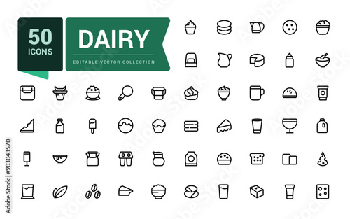 Dairy icons set. Outline set of dairy vector icons for ui design. Outline icons pack. Editable vector line icon set and illustration for web and UI application.