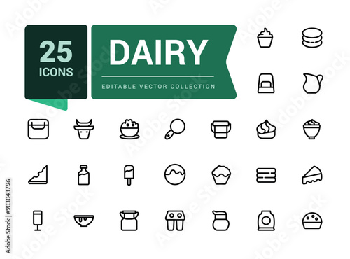 Dairy icons set. Outline set of dairy vector icons for ui design. Outline icons pack. Editable vector line icon set and illustration for web and UI application.