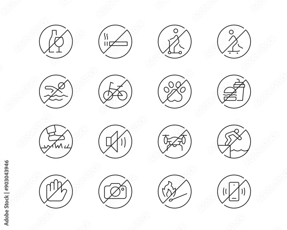 'No' signs and Rules Icon collection containing 16 editable stroke icons. Perfect for logos, stats and infographics. Edit the thickness of the line in Adobe Illustrator (or any vector capable app). 'No' signs and Rules Icon collection containing 16 editable stroke icons. Perfect for logos, stats and infographics. Edit the thickness of the line in Adobe Illustrator (or any vector capable app).