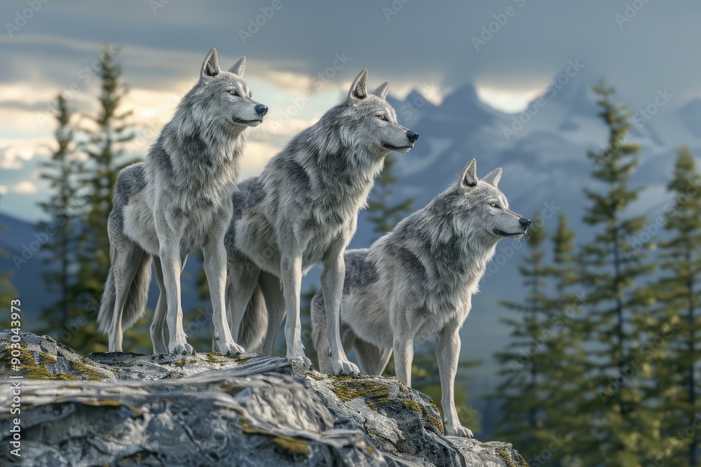 Alaska Wolves. Majestic Wolf Pack in the Canadian Wilderness. 3D Rendering Alaska Wolves. Majestic Wolf Pack in the Canadian Wilderness. 3D Rendering