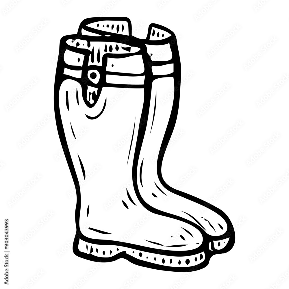 Pair of rubber boots hand drawn in doodle style. Shoes that protect against water and dirt when working in the garden. Comfortable clothes. Vector line art illustration. Pair of rubber boots hand drawn in doodle style. Shoes that protect against water and dirt when working in the garden. Comfortable clothes. Vector line art illustration.