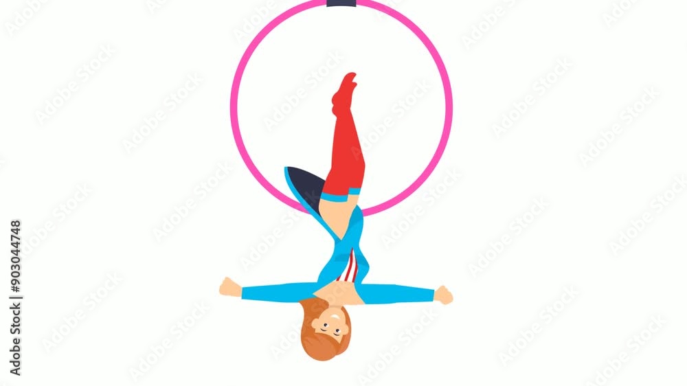 Gymnast on a ring in circus under a dome animation, Lady Cerceau or Women Cerceaux animated video, circus artist performing footage, Street Mime performer Clip, Colorful Carnie troupe Motion