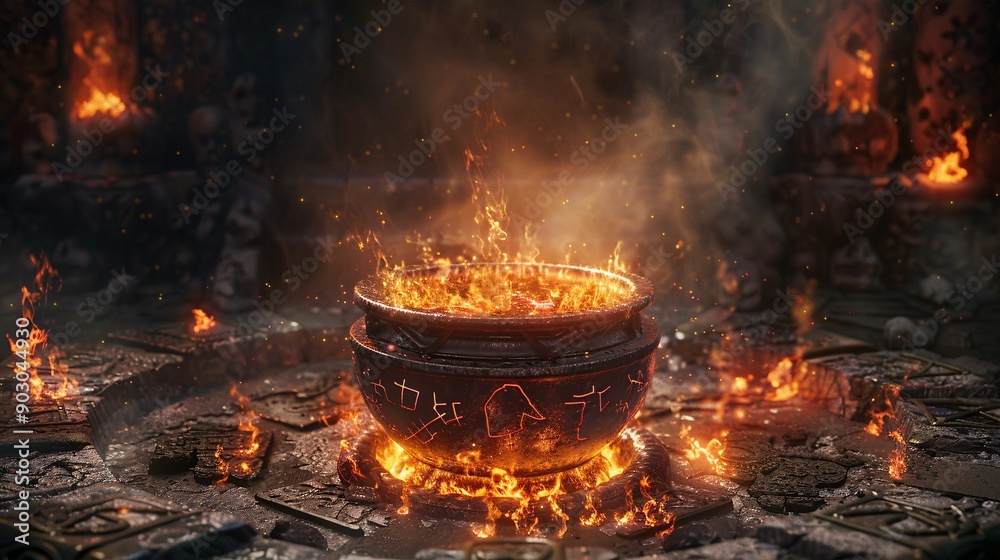 3D Mystical Cauldron with Enchanting Runes and Fiery Flames in a Magical Setting 3D Mystical Cauldron with Enchanting Runes and Fiery Flames in a Magical Setting