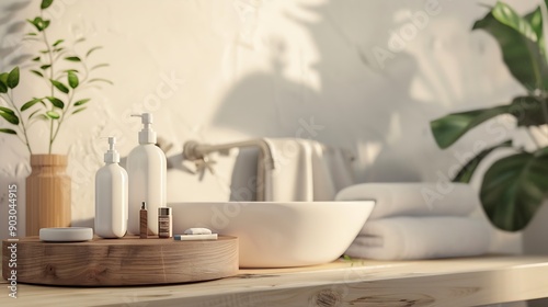 Wooden podium for bathing and spa products in defocused bathroom : Generative AI