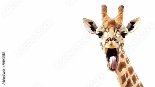 Funny photo of giraffe stick out longue tongue isolated on white : Generative AI