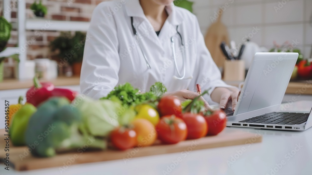 Female nutritionist working with laptop at table in office closeup : Generative AI Female nutritionist working with laptop at table in office closeup : Generative AI