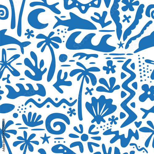Seamless pattern with ink doodle abstract flowers, palm trees and fish. Trendy tropical background. Hand drawn vector illustration. Boho, beach, jungle wallpaper.