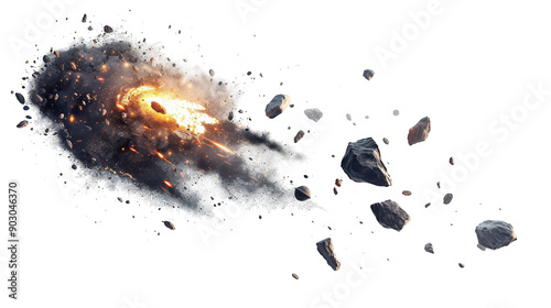 Asteroid Collision in Space with Fiery Explosion and Flying Debris Captured in Outer Space