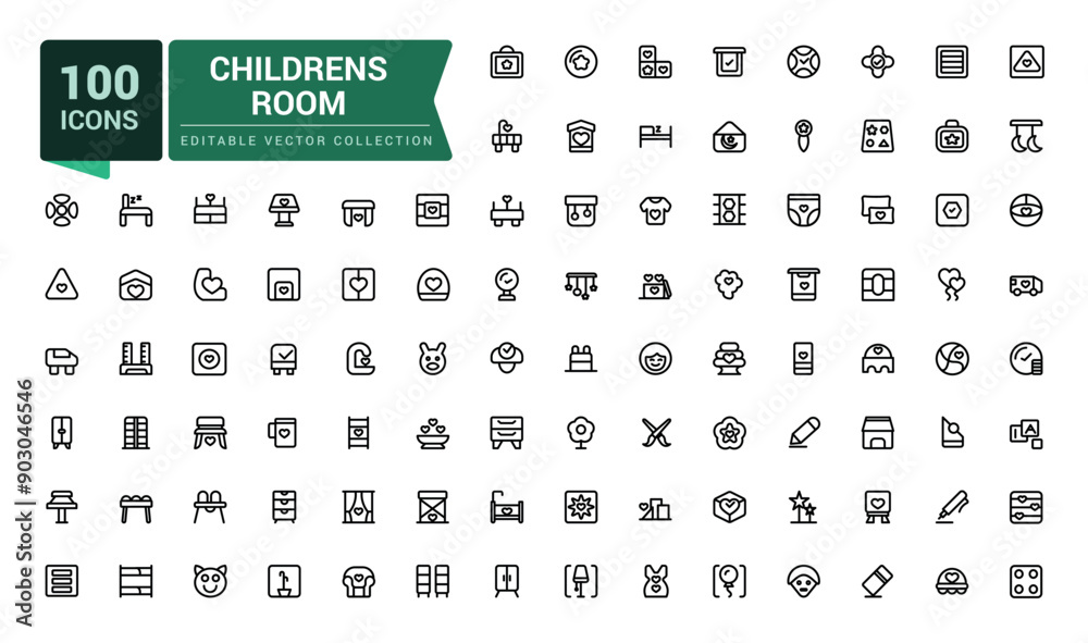 Childrens room icons set. Minamal outline set of childrens room vector icons for web and ui design. Childrens room icons set. Minamal outline set of childrens room vector icons for web and ui design.